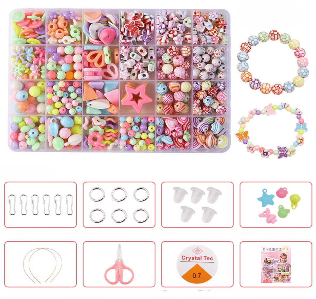 Colorful Beads Art & Craft Kit - 24 Types of Halpix Acrylic Beads for DIY Bracelets & Jewelry Making - Perfect Birthday Gift for Girls 6+ - Halpix