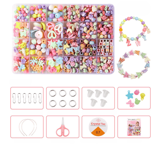 Colorful Beads Art & Craft Kit - 24 Types of Halpix Acrylic Beads for DIY Bracelets & Jewelry Making - Perfect Birthday Gift for Girls 6+ - Halpix