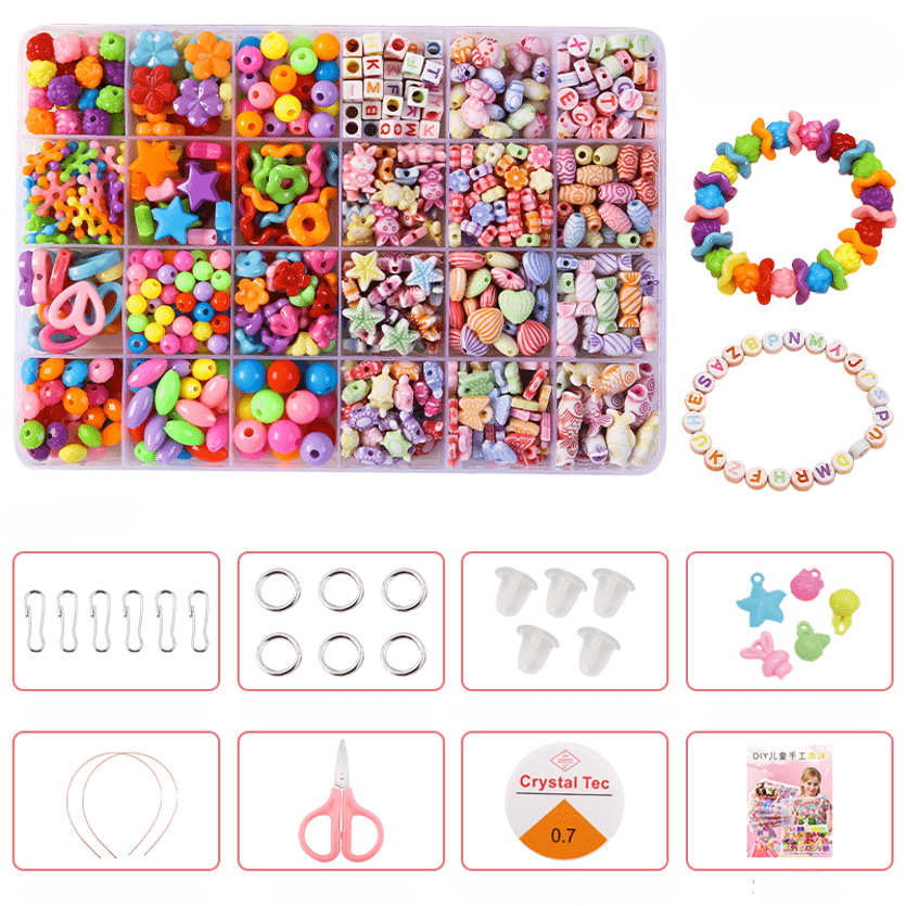 Colorful Beads Art & Craft Kit - 24 Types of Halpix Acrylic Beads for DIY Bracelets & Jewelry Making - Perfect Birthday Gift for Girls 6+ - Halpix