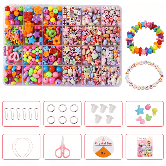 Colorful Beads Art & Craft Kit - 24 Types of Halpix Acrylic Beads for DIY Bracelets & Jewelry Making - Perfect Birthday Gift for Girls 6+ - Halpix