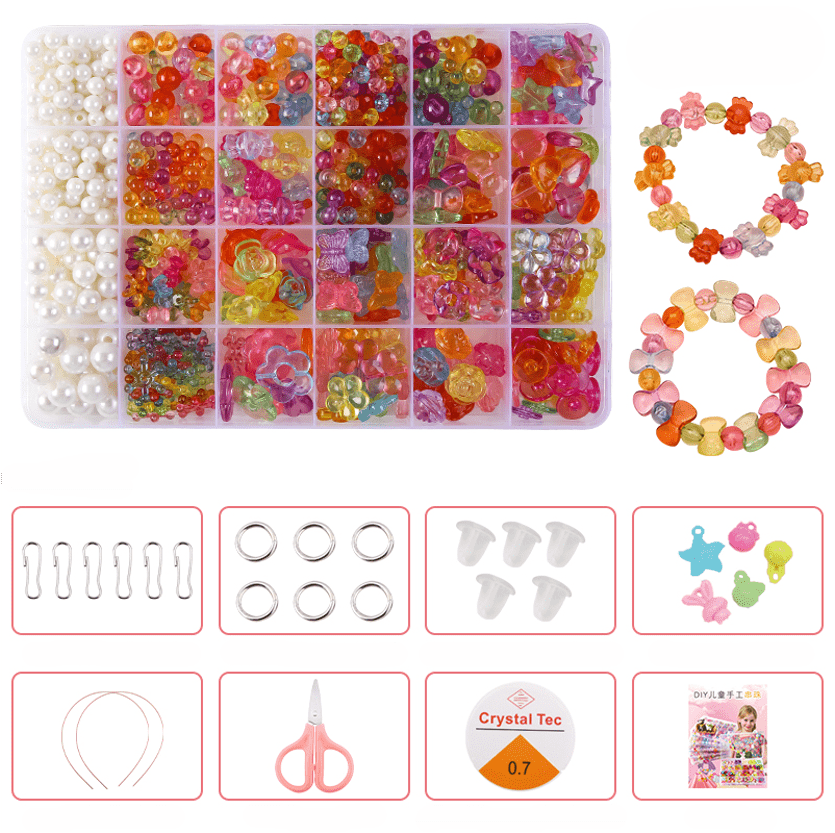 Colorful Beads Art & Craft Kit - 24 Types of Halpix Acrylic Beads for DIY Bracelets & Jewelry Making - Perfect Birthday Gift for Girls 6+ - Halpix