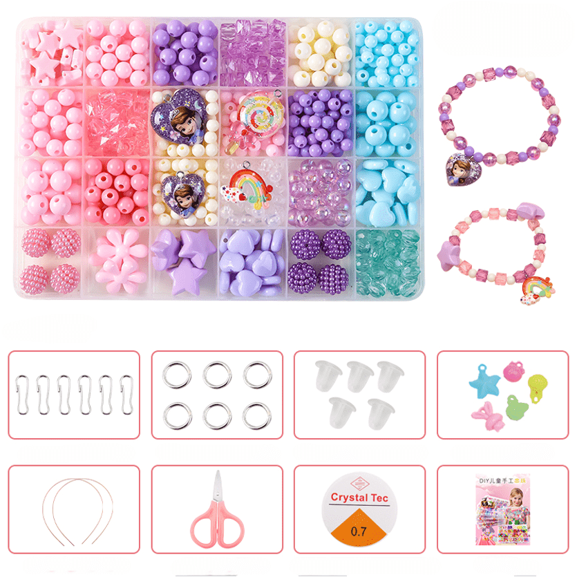 Colorful Beads Art & Craft Kit - 24 Types of Halpix Acrylic Beads for DIY Bracelets & Jewelry Making - Perfect Birthday Gift for Girls 6+ - Halpix