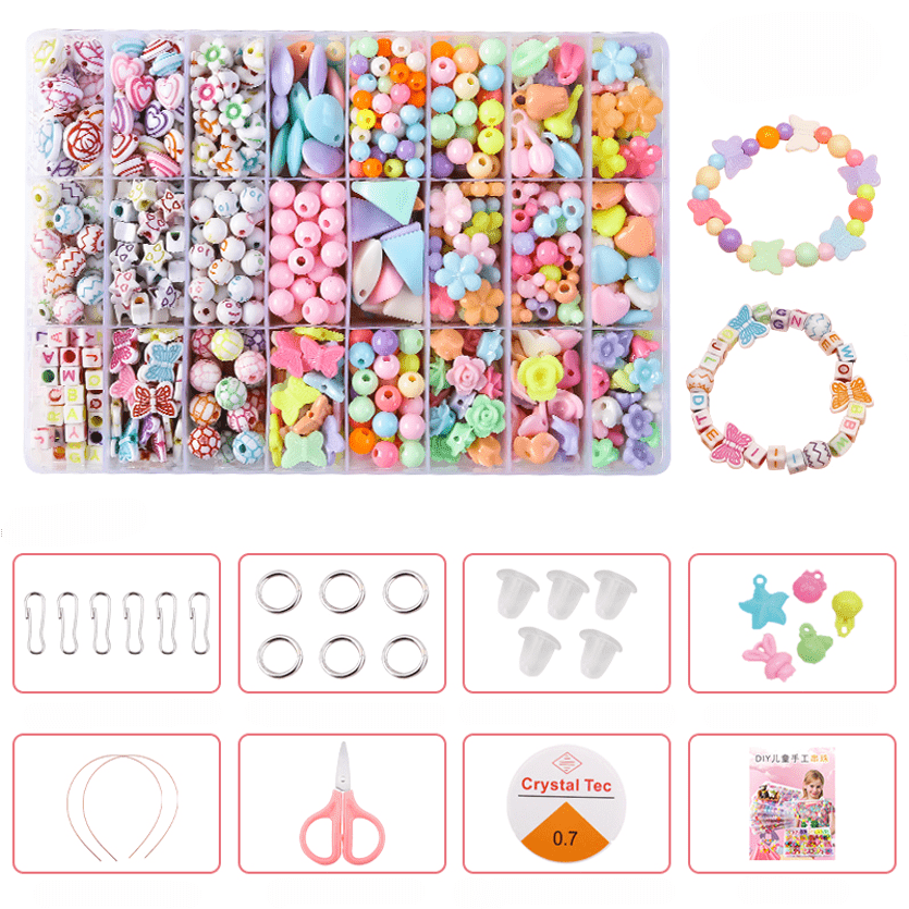 Colorful Beads Art & Craft Kit - 24 Types of Halpix Acrylic Beads for DIY Bracelets & Jewelry Making - Perfect Birthday Gift for Girls 6+ - Halpix