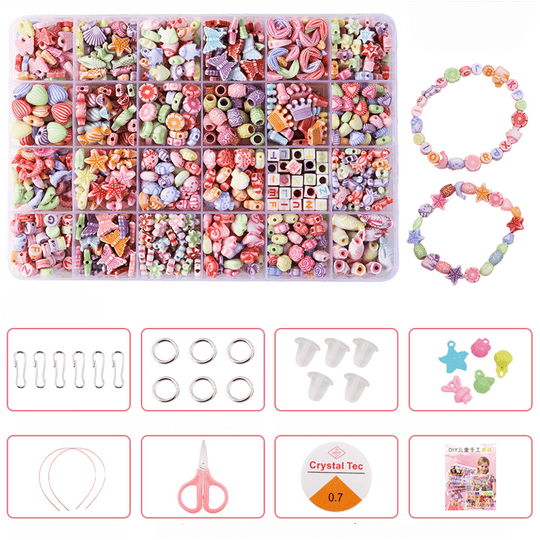 Colorful Beads Art & Craft Kit - 24 Types of Halpix Acrylic Beads for DIY Bracelets & Jewelry Making - Perfect Birthday Gift for Girls 6+ - Halpix