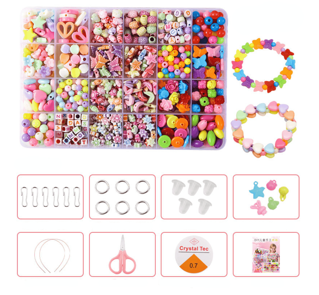 Colorful Beads Art & Craft Kit - 24 Types of Halpix Acrylic Beads for DIY Bracelets & Jewelry Making - Perfect Birthday Gift for Girls 6+ - Halpix