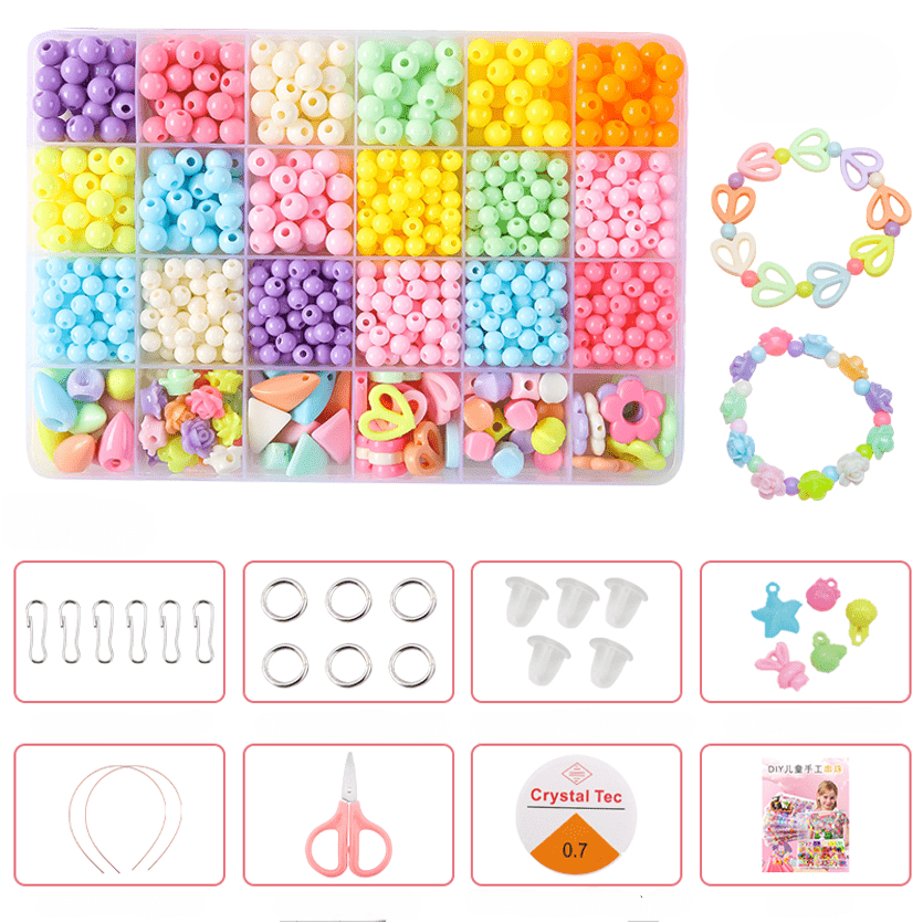 Colorful Beads Art & Craft Kit - 24 Types of Halpix Acrylic Beads for DIY Bracelets & Jewelry Making - Perfect Birthday Gift for Girls 6+ - Halpix