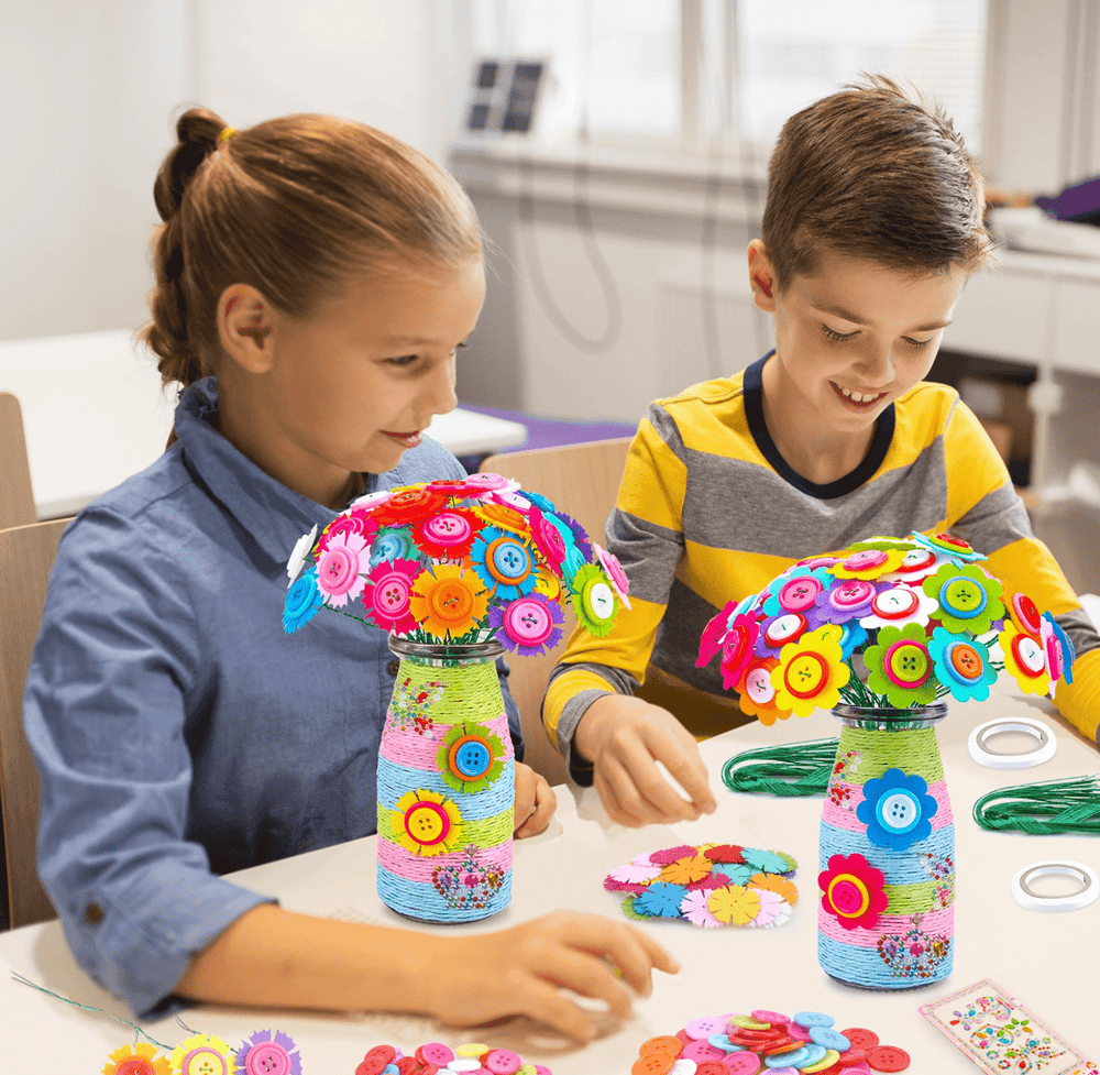 Halpix Flower Bouquet Craft Kit - DIY Vase Art with Buttons & Felt Flowers for Girls Ages 4 5 6 7 8 9 10 11 12 Perfect Christmas & Birthday Gift - Halpix