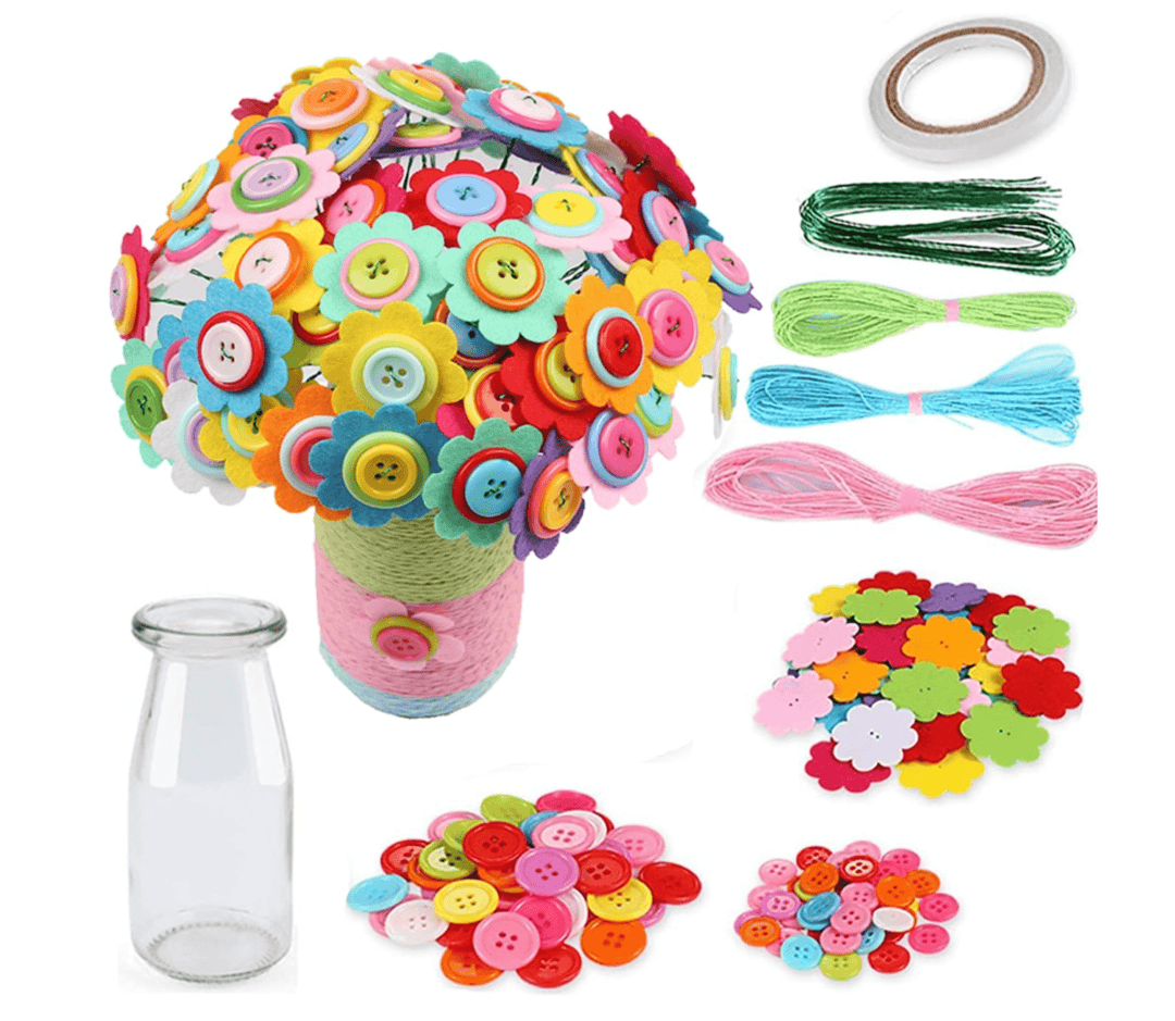 Halpix Flower Bouquet Craft Kit - DIY Vase Art with Buttons & Felt Flowers for Girls Ages 4 5 6 7 8 9 10 11 12 Perfect Christmas & Birthday Gift - Halpix