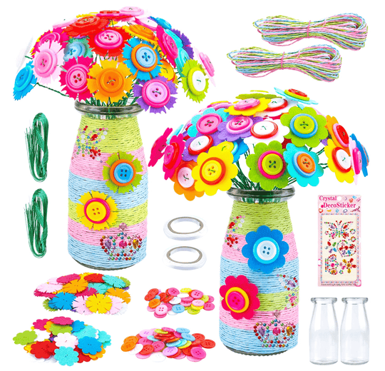 Halpix Flower Bouquet Craft Kit - DIY Vase Art with Buttons & Felt Flowers for Girls Ages 4 5 6 7 8 9 10 11 12 Perfect Christmas & Birthday Gift - Halpix