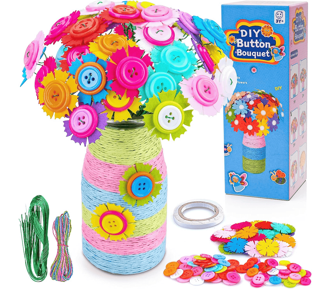 Halpix Flower Bouquet Craft Kit - DIY Vase Art with Buttons & Felt Flowers for Girls Ages 4 5 6 7 8 9 10 11 12 Perfect Christmas & Birthday Gift - Halpix