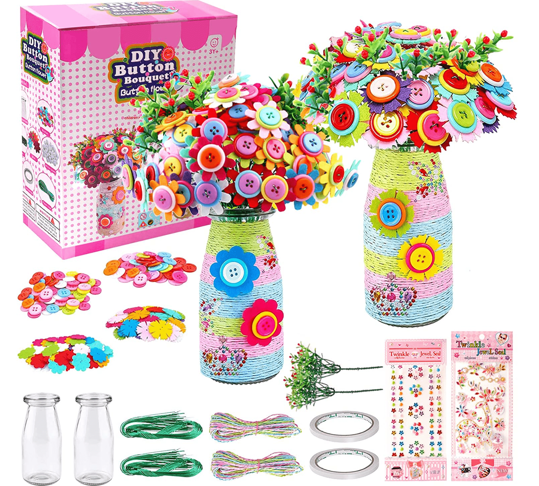 Halpix Flower Bouquet Craft Kit - DIY Vase Art with Buttons & Felt Flowers for Girls Ages 4 5 6 7 8 9 10 11 12 Perfect Christmas & Birthday Gift - Halpix