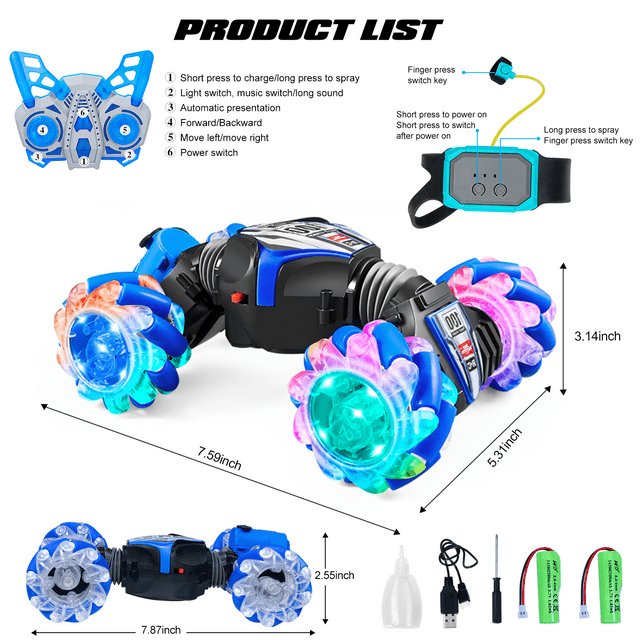 Halpix High Speed 4 WD Twisted Gesture Sensing RC Stunt Car - Remote Control Car Toys with Light, Music & Spray 2.4GHz Hand Controlled Toys Gifts for Kids - Halpix