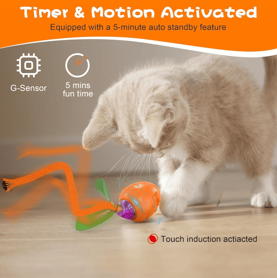 Halpix Interactive Smart Cat Ball Toy Carrot, Motion Activated Automatic Moving Ball Toy with Long Tail Teaser/Simulation Bird Sound/USB Rechargeable Cat Toys Self Play - Halpix