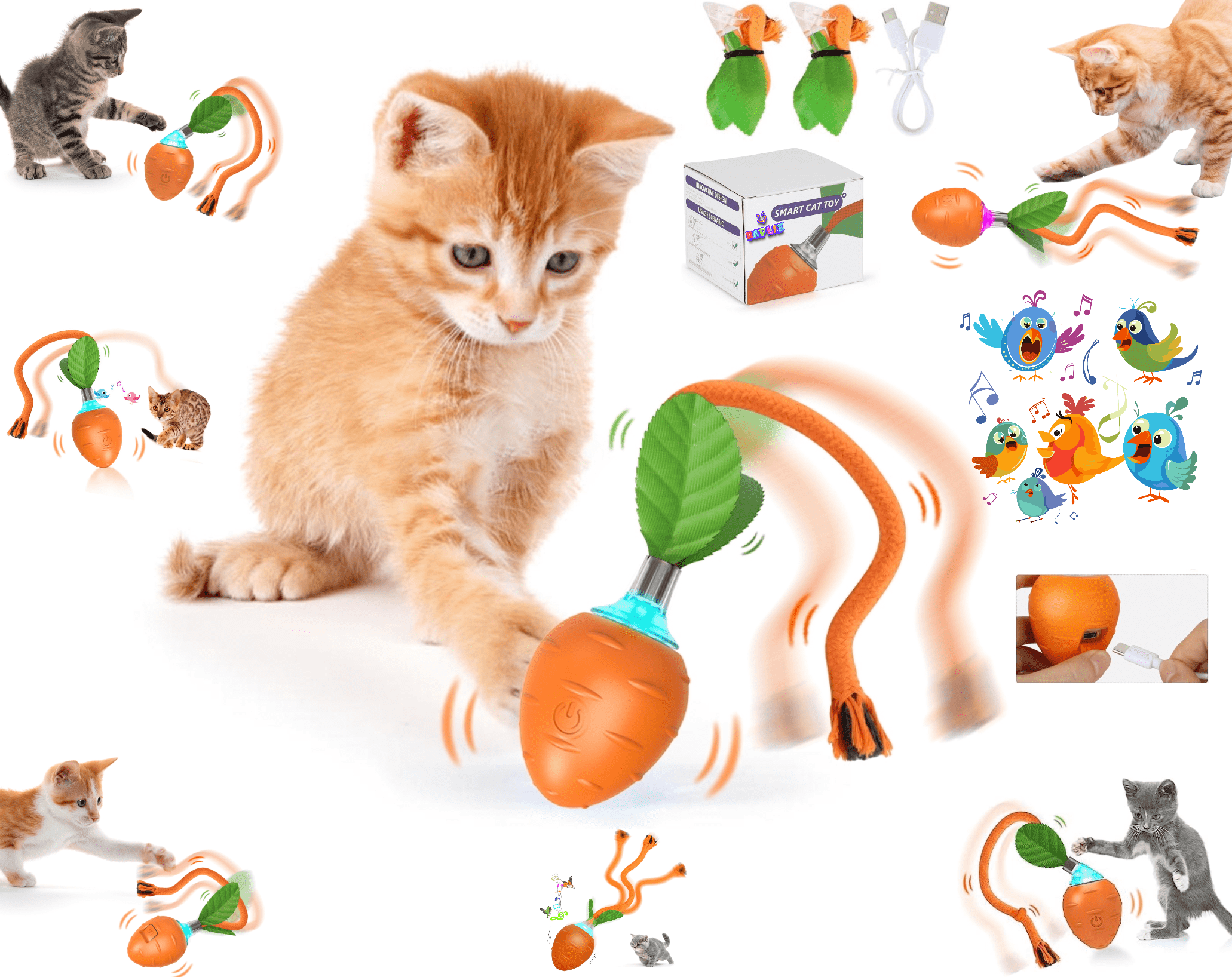 Halpix Interactive Smart Cat Ball Toy Carrot, Motion Activated Automatic Moving Ball Toy with Long Tail Teaser/Simulation Bird Sound/USB Rechargeable Cat Toys Self Play - Halpix