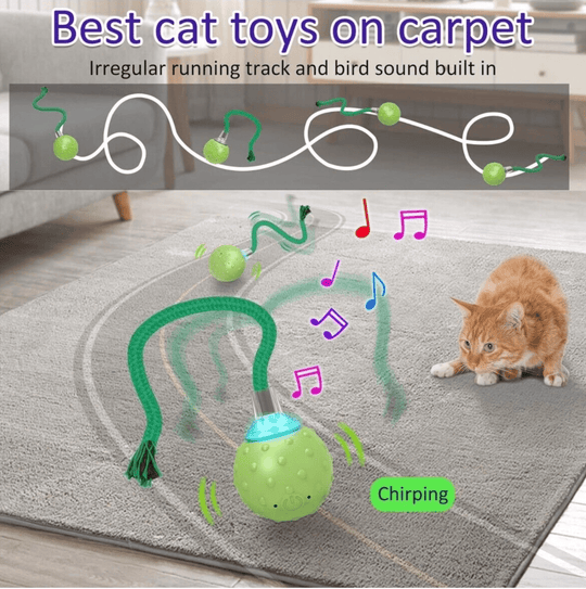 Halpix Interactive Smart Cat Ball Toy Green, Motion Activated Automatic Moving Ball Toy with Long Tail Teaser/Simulation Bird Sound/USB Rechargeable Cat Toys Self Play - Halpix