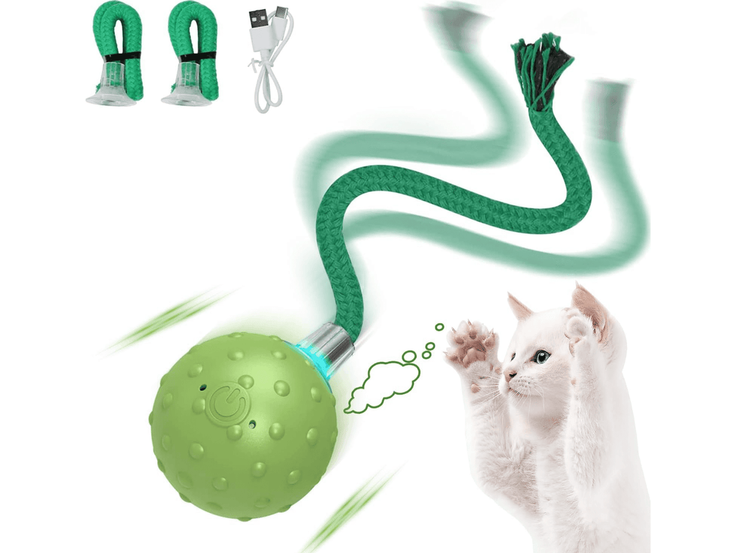 Halpix Interactive Smart Cat Ball Toy Green, Motion Activated Automatic Moving Ball Toy with Long Tail Teaser/Simulation Bird Sound/USB Rechargeable Cat Toys Self Play - Halpix