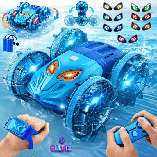 Halpix® Amphibious RC Stunt Car with Gesture Control - 4WD Waterproof Remote Control Car for Land &amp; Water, 7-Color LED Lights, 2 Batteries for 60 Mins Play, 2.4GHz Gesture Sensing Vehicle for Kids