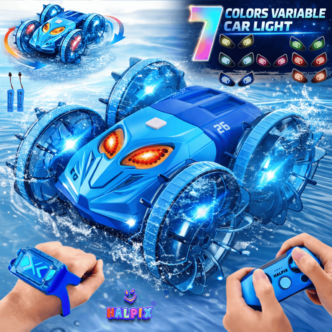 Halpix® Amphibious RC Stunt Car with Gesture Control - 4WD Waterproof Remote Control Car for Land &amp; Water, 7-Color LED Lights, 2 Batteries for 60 Mins Play, 2.4GHz Gesture Sensing Vehicle for Kids