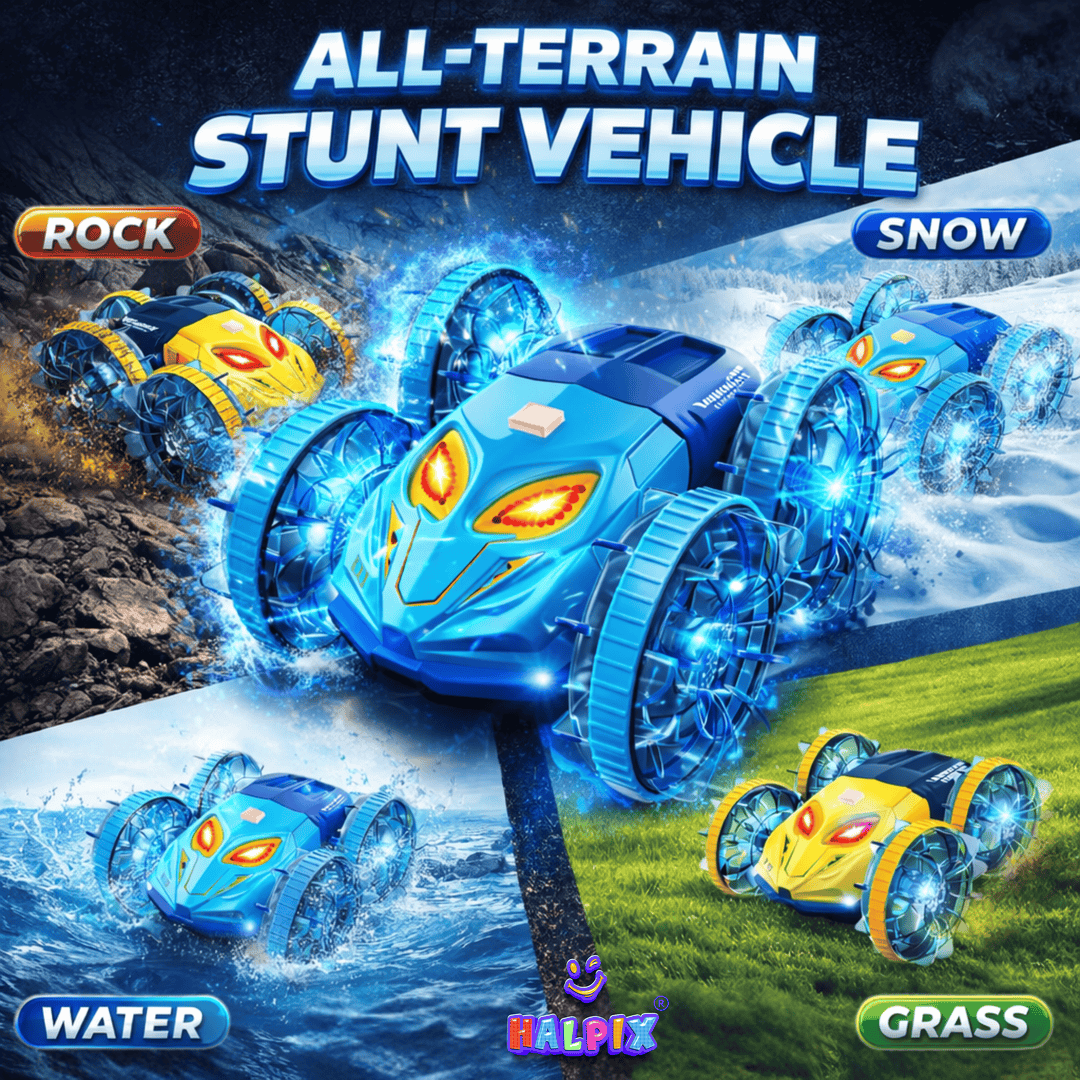 Halpix® Amphibious RC Stunt Car with Gesture Control - 4WD Waterproof Remote Control Car for Land &amp; Water, 7-Color LED Lights, 2 Batteries for 60 Mins Play, 2.4GHz Gesture Sensing Vehicle for Kids
