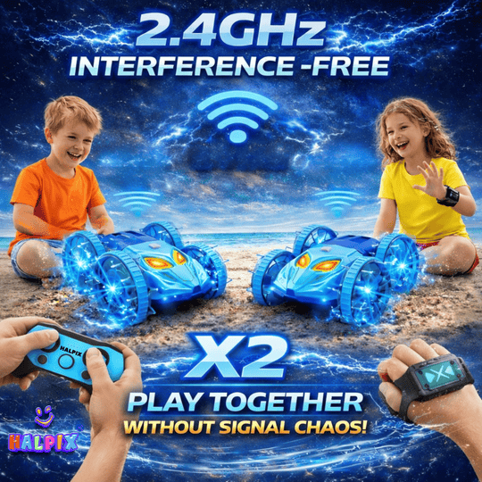 Halpix® Amphibious RC Stunt Car with Gesture Control - 4WD Waterproof Remote Control Car for Land &amp; Water, 7-Color LED Lights, 2 Batteries for 60 Mins Play, 2.4GHz Gesture Sensing Vehicle for Kids