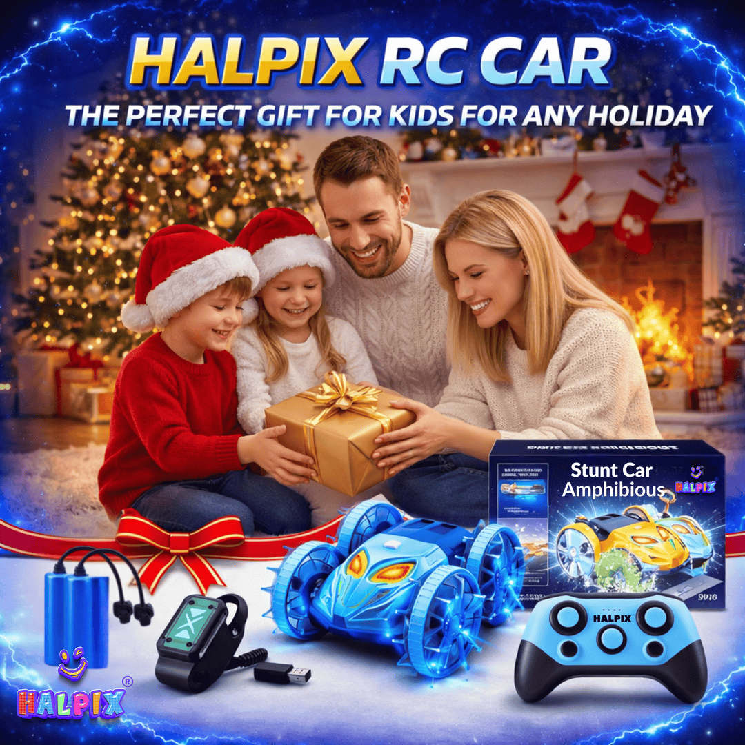 Halpix® Amphibious RC Stunt Car with Gesture Control - 4WD Waterproof Remote Control Car for Land &amp; Water, 7-Color LED Lights, 2 Batteries for 60 Mins Play, 2.4GHz Gesture Sensing Vehicle for Kids