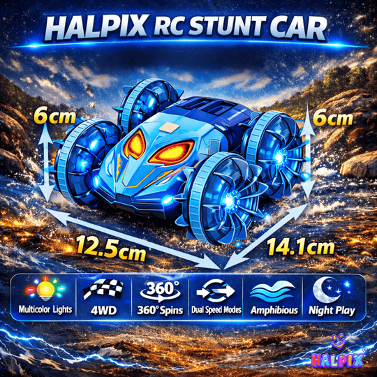 Halpix® Amphibious RC Stunt Car with Gesture Control - 4WD Waterproof Remote Control Car for Land &amp; Water, 7-Color LED Lights, 2 Batteries for 60 Mins Play, 2.4GHz Gesture Sensing Vehicle for Kids
