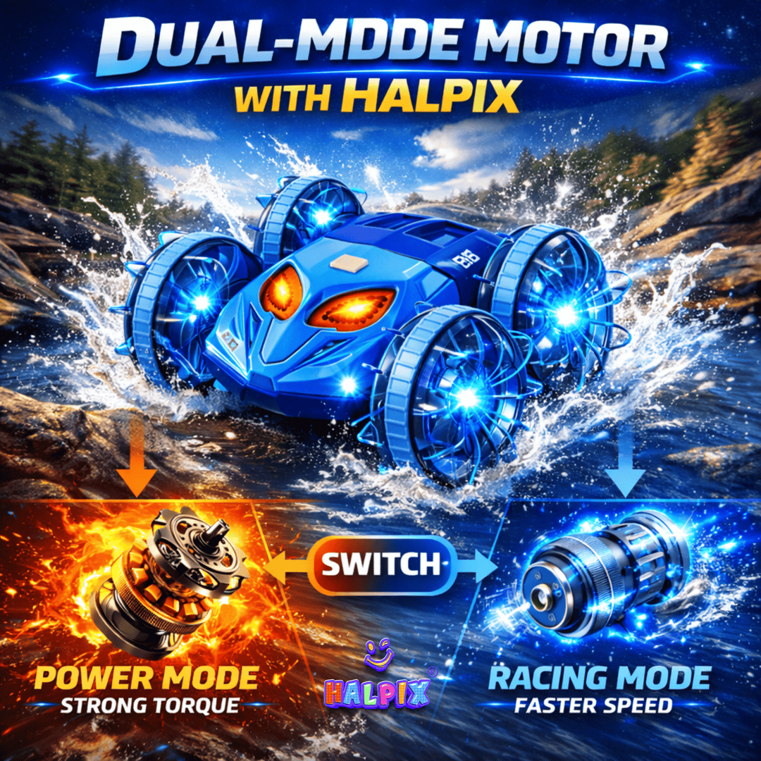 Halpix® Amphibious RC Stunt Car with Gesture Control - 4WD Waterproof Remote Control Car for Land &amp; Water, 7-Color LED Lights, 2 Batteries for 60 Mins Play, 2.4GHz Gesture Sensing Vehicle for Kids
