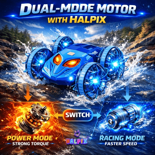 Halpix® Amphibious RC Stunt Car with Gesture Control - 4WD Waterproof Remote Control Car for Land &amp; Water, 7-Color LED Lights, 2 Batteries for 60 Mins Play, 2.4GHz Gesture Sensing Vehicle for Kids