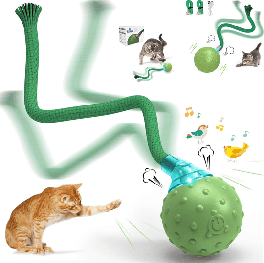 Halpix Interactive Smart Cat Ball Toy Green, Motion Activated Automatic Moving Ball Toy with Long Tail Teaser/Simulation Bird Sound/USB Rechargeable Cat Toys Self Play - Halpix