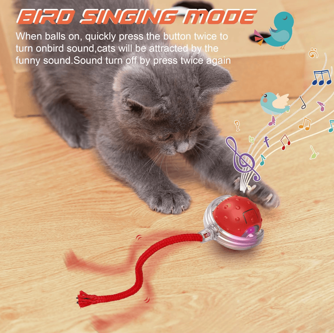 Halpix Interactive Smart Cat Ball Toy Red, Motion Activated Automatic Moving Ball Toy with Long Tail Teaser/Simulation Bird Sound/USB Rechargeable Cat Toys Self Play - Halpix