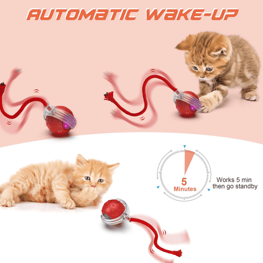 Halpix Interactive Smart Cat Ball Toy Red, Motion Activated Automatic Moving Ball Toy with Long Tail Teaser/Simulation Bird Sound/USB Rechargeable Cat Toys Self Play - Halpix