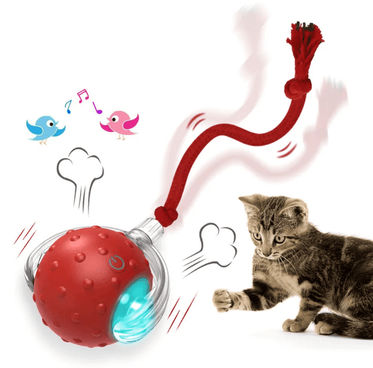 Halpix Interactive Smart Cat Ball Toy Red, Motion Activated Automatic Moving Ball Toy with Long Tail Teaser/Simulation Bird Sound/USB Rechargeable Cat Toys Self Play - Halpix