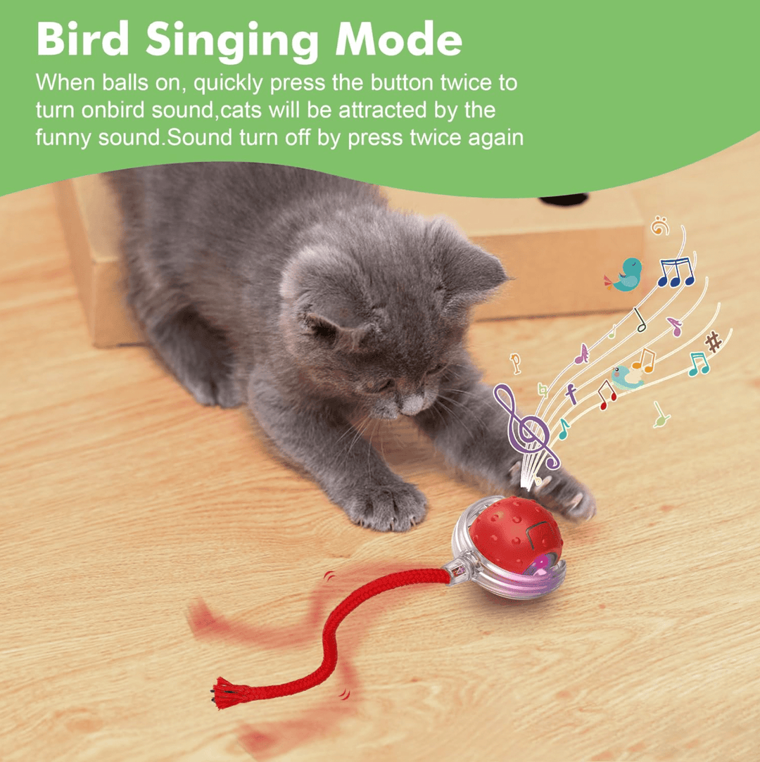 Halpix Interactive Smart Cat Ball Toy Red, Motion Activated Automatic Moving Ball Toy with Long Tail Teaser/Simulation Bird Sound/USB Rechargeable Cat Toys Self Play - Halpix