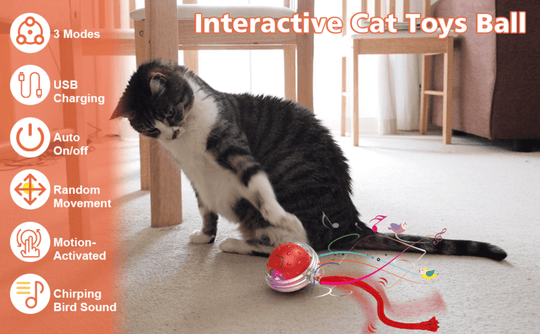 Halpix Interactive Smart Cat Ball Toy Red, Motion Activated Automatic Moving Ball Toy with Long Tail Teaser/Simulation Bird Sound/USB Rechargeable Cat Toys Self Play - Halpix