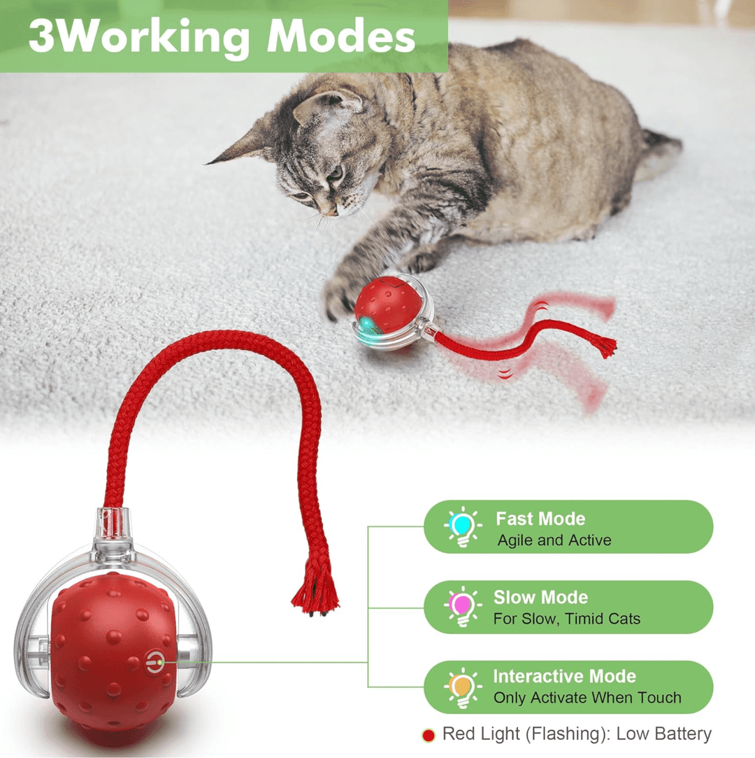 Halpix Interactive Smart Cat Ball Toy Red, Motion Activated Automatic Moving Ball Toy with Long Tail Teaser/Simulation Bird Sound/USB Rechargeable Cat Toys Self Play - Halpix