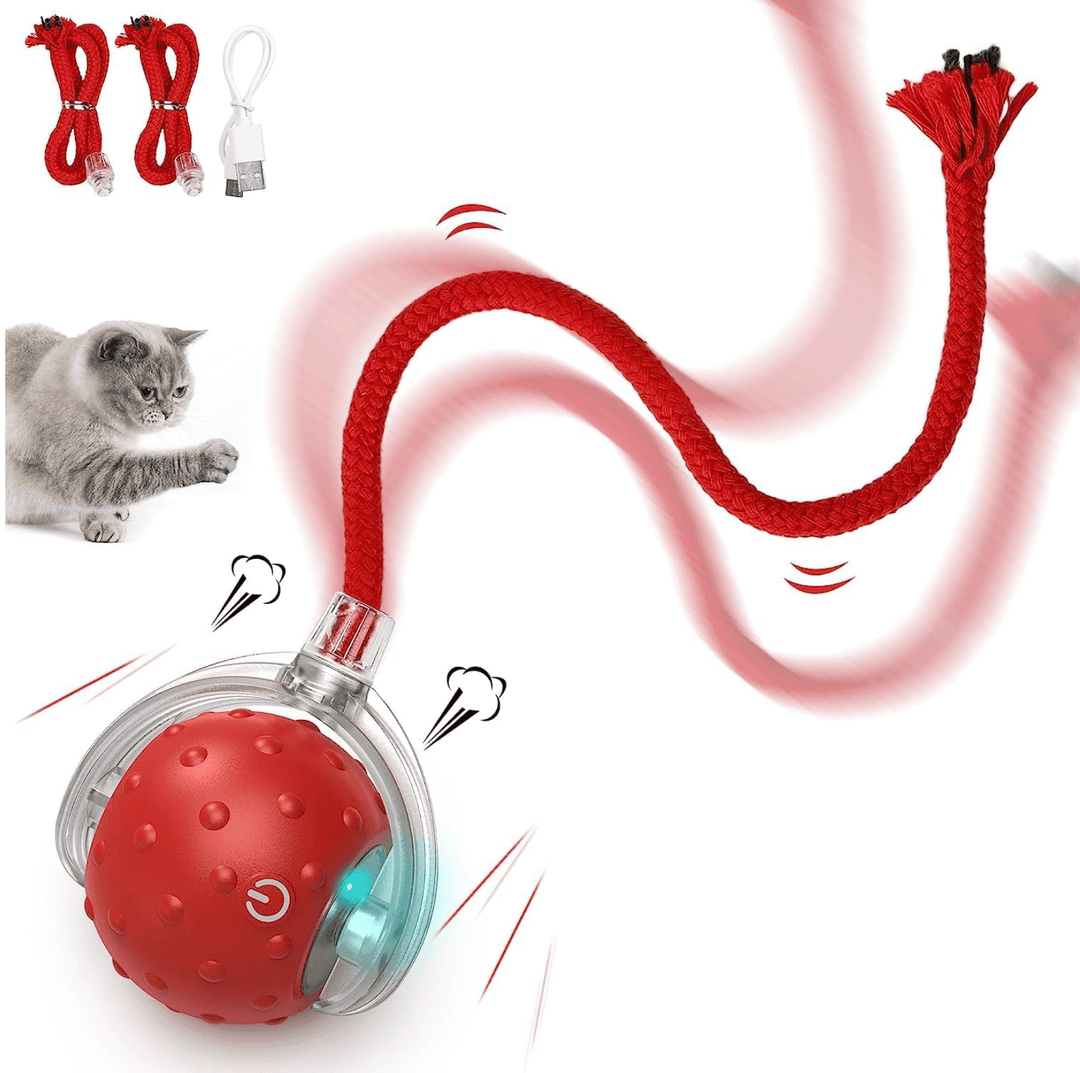 Halpix Interactive Smart Cat Ball Toy Red, Motion Activated Automatic Moving Ball Toy with Long Tail Teaser/Simulation Bird Sound/USB Rechargeable Cat Toys Self Play - Halpix